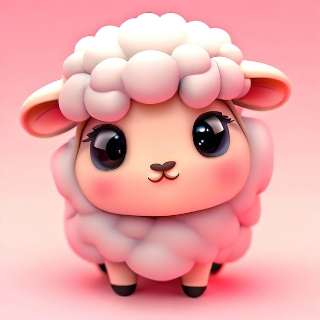 A little sheep with black eyes and a pink background.