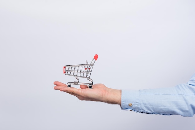 Little Shopping Cart is on palm on white background Toy grocery cart Side view