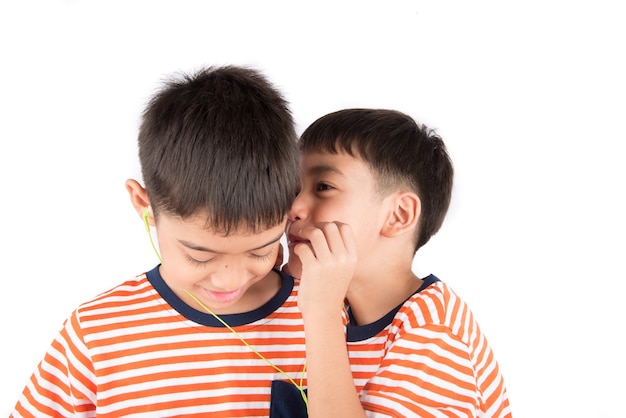 Little sibling boy playing game on mobile together