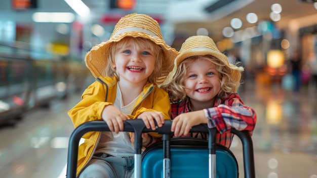 Foto piccola sorella e fratello che ridacchiano seduti su un carrello da bagagli ai generativa