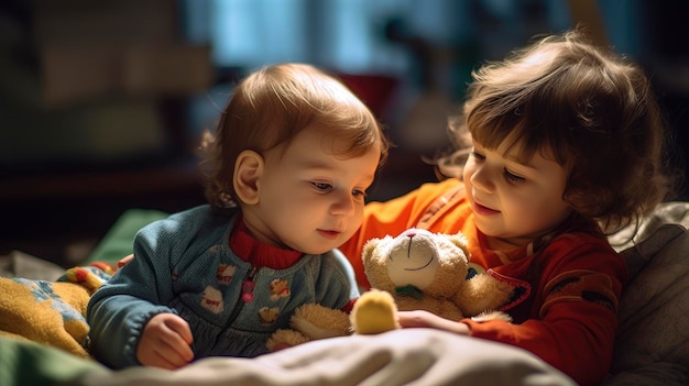 Little sister with her baby brother at home