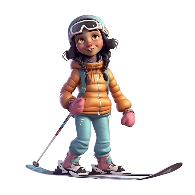 Little skier girl isolated on white background 3D illustration