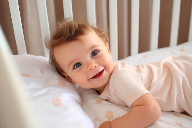 Little smiling baby in his crib Happy child AI Generated