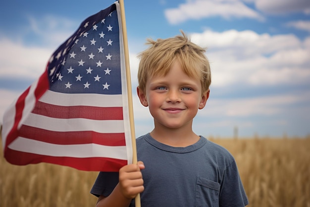 畑で空に向かってアメリカ国旗を掲げている微笑む小さな少年