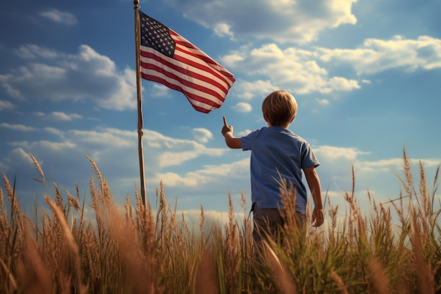 畑で空に向かってアメリカ国旗を掲げている微笑む小さな少年