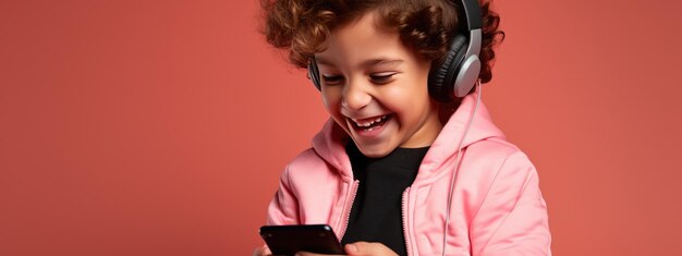 Photo little smiling boy with a cell phone on a colored background