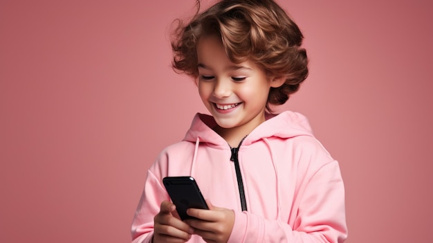 Маленький улыбающийся мальчик с мобильным телефоном на цветном фоне