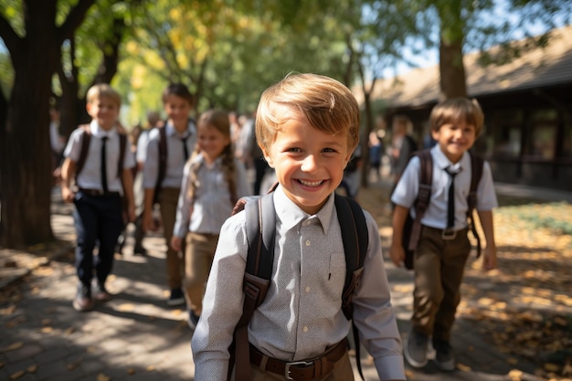 Маленький улыбающийся мальчик с друзьями по дороге в школу Счастливые дети возвращаются в школу
