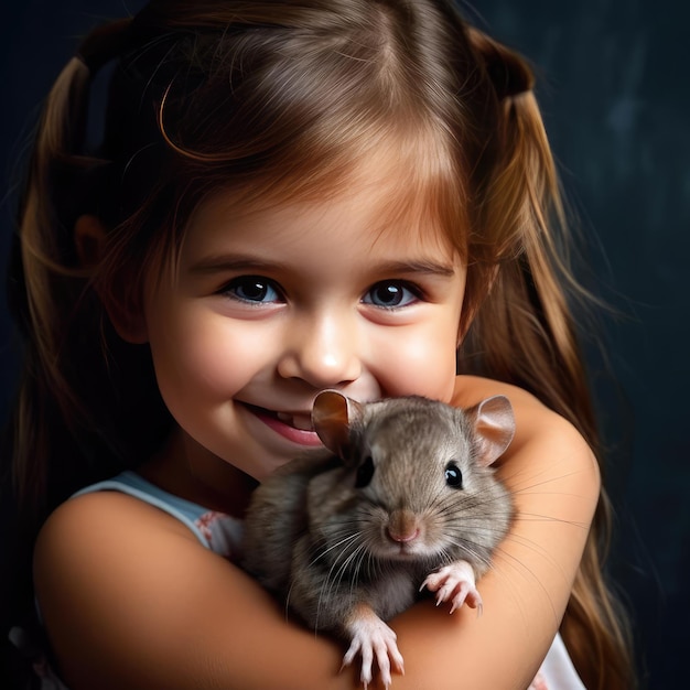 Little smiling girl holding a hamster