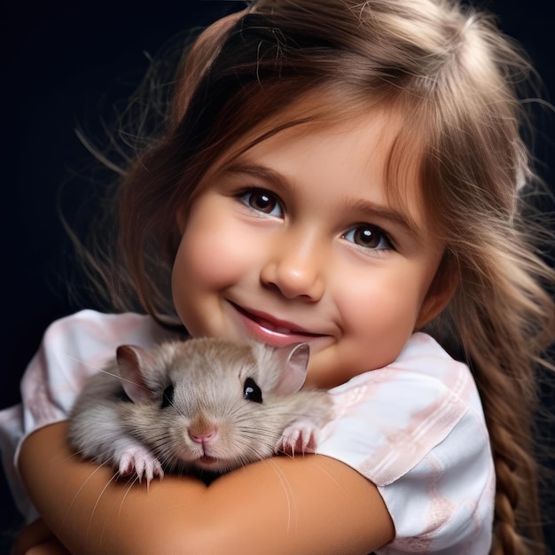 Маленькая улыбающаяся девочка держит хомяка