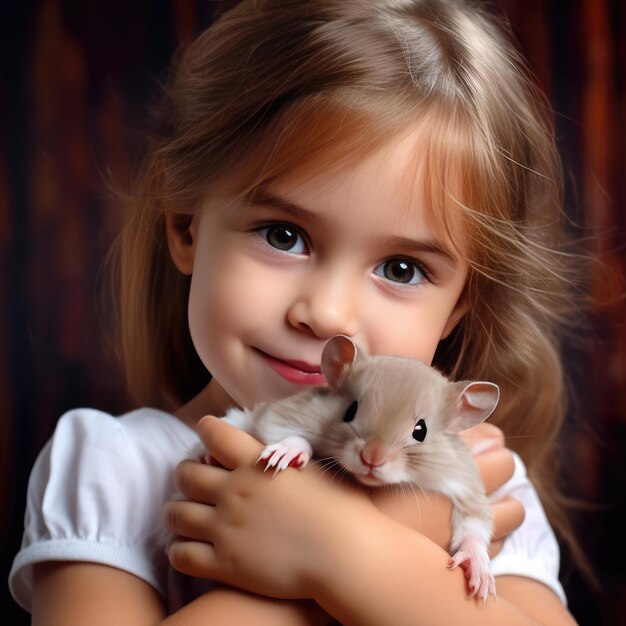 Little smiling girl holding a hamster