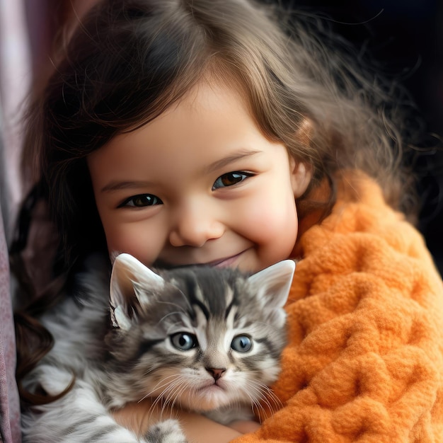 Маленькая улыбающаяся девочка держит котенка