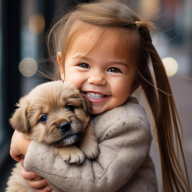 Little smiling girl holding a puppy