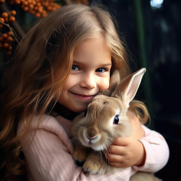 Little smiling girl holding a rabbit