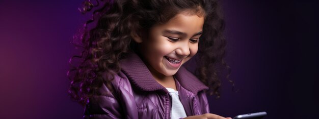 Little smiling girl with a cell phone on a colored background