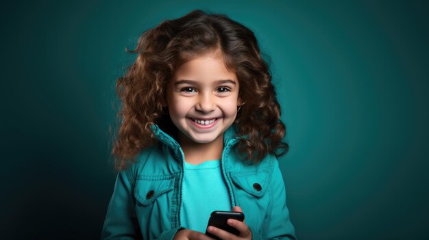 Little smiling girl with a cell phone on a colored background