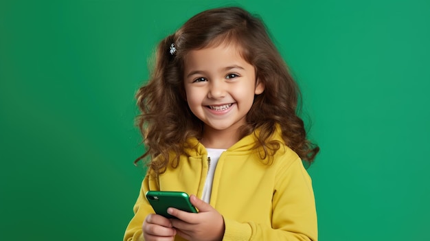 Little smiling girl with a cell phone on a colored background.