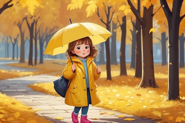 Photo a little smiling girl in a yellow raincoat walks in the autumn park