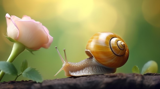 little snail walking on a rose branch