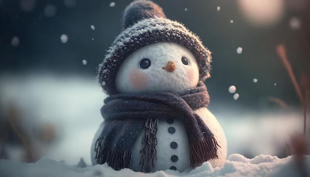 Little snowman in a cap and a scarf on snow in the winterGenerative AI