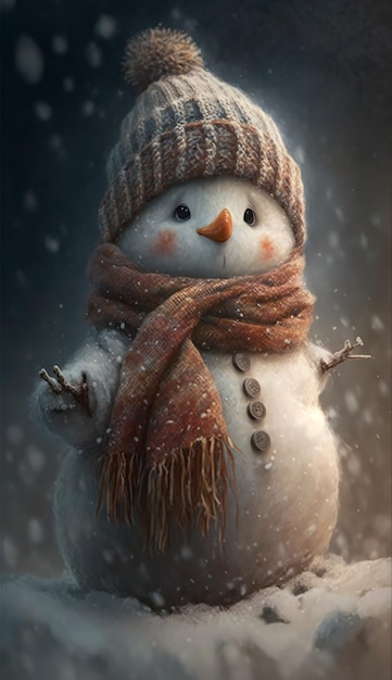 冬の雪の上に帽子とスカーフをかぶった小さな雪だるま生成 AI