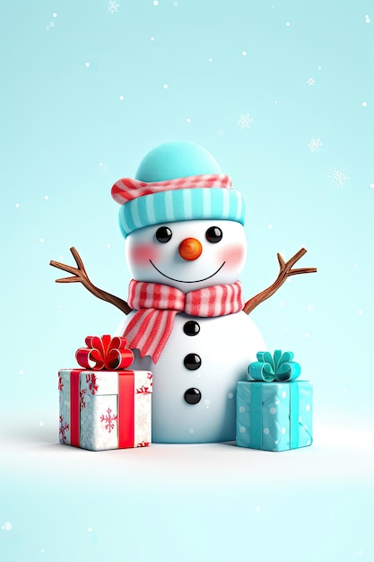 Little snowman and christmas gifts christmas and new year holiday background xmas greeting card ai g