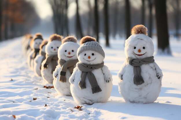 사진 모자와 스카프를 입은 작은 스노우맨이 겨울에 눈 위에 스노우먼과 스노우볼을 가진 행복한 크리스마스 캐