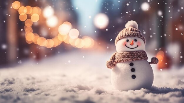 little snowman standing in the snow with blurred background Sale Banner Created With Generative AI