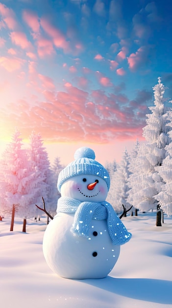 Little snowman on white snow and trees backdrop