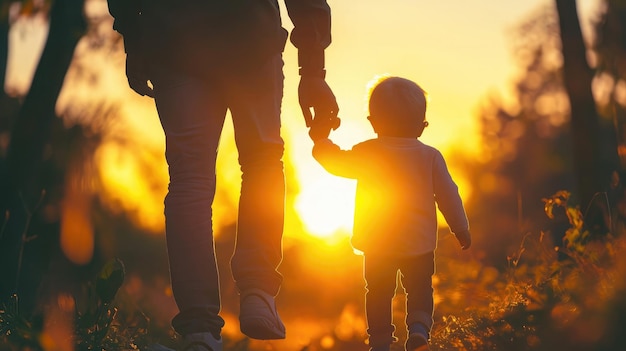 사진 작은 아들 아빠가 태양 아래 자연에서 손을 잡고 아이 아빠가 일몰 때 공원에서 산책 가족 신뢰 개념 부모 아이 소년 함께 산책 아이를 입양 행복한 가족