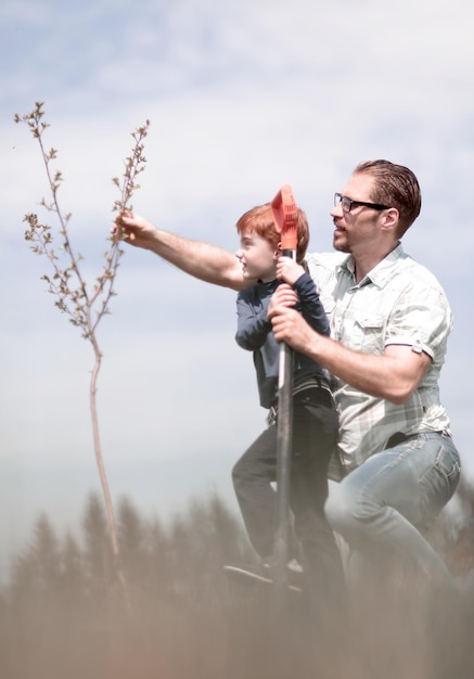 Foto il figlio piccolo aiuta il padre a piantare un albero