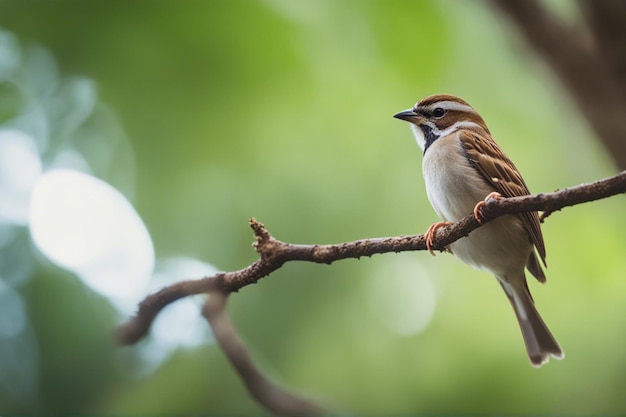 A little sparrow on a tree branch with a blurred jungle background