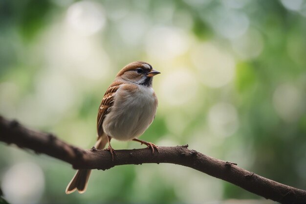 A little sparrow on a tree branch with a blurred jungle background