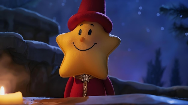 Фото Маленькая звезда - милый и забавный персонаж. он желтая звезда с красной шляпой и красным плащом.