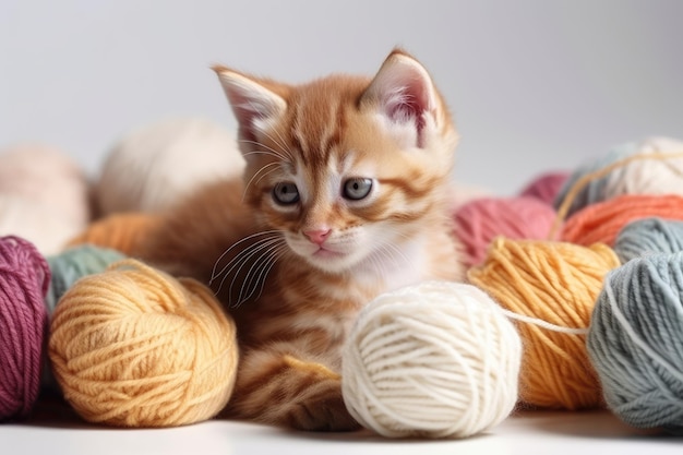 Little striped kitten is sleeping on balls of yarn generative ai