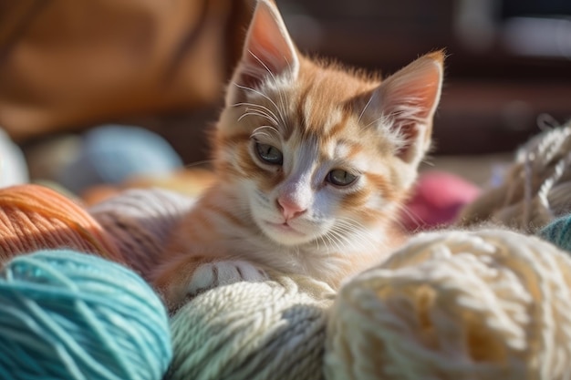 Little striped kitten is sleeping on balls of yarn generative ai