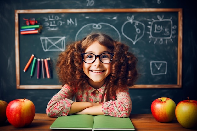little student girl in front of chalkboard with back to school concept