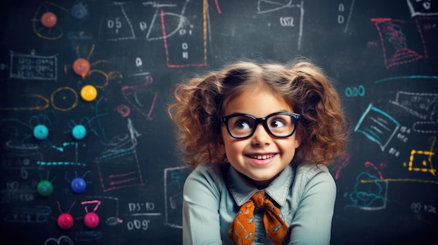 Little student girl in front of chalkboard with back to school concept