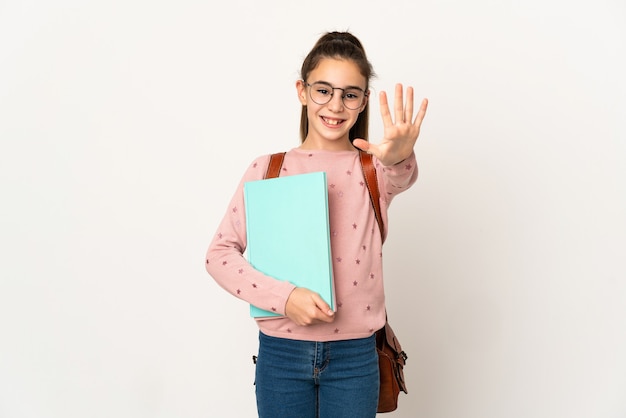 Little student girl over isolated background counting five with fingers