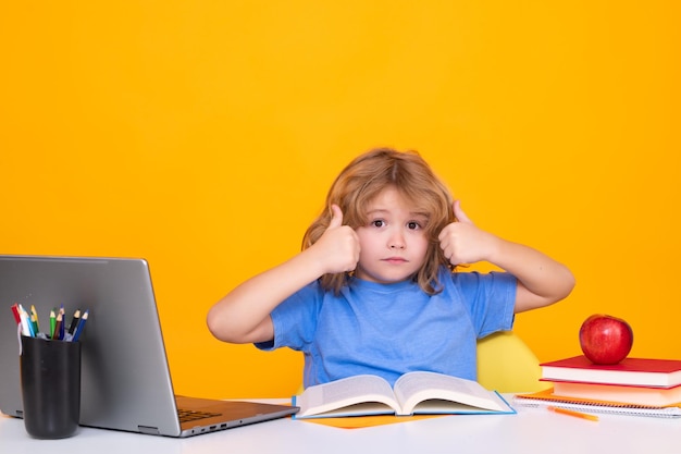 Little student school child isolated on studio background\
portrait of nerd student with school