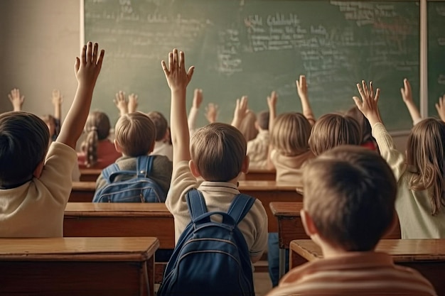 Little students with hands up during class lesson made with Generative AI technology back to school