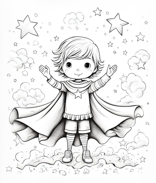 a little superhero in a cape is standing in the air while waving his hands in the style of line