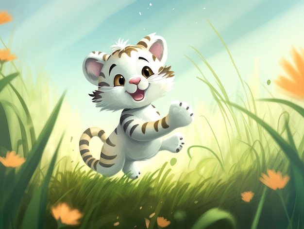 Маленький тигренок бежит по траве