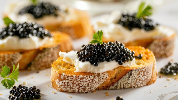 little toasts with black caviar and butter against a white hazy backdrop