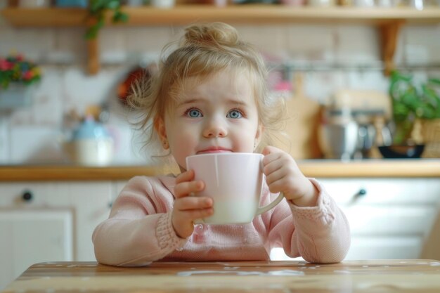 小さな幼児は自宅のキッチンにあるカップから美味しい新鮮なミルクを飲みます