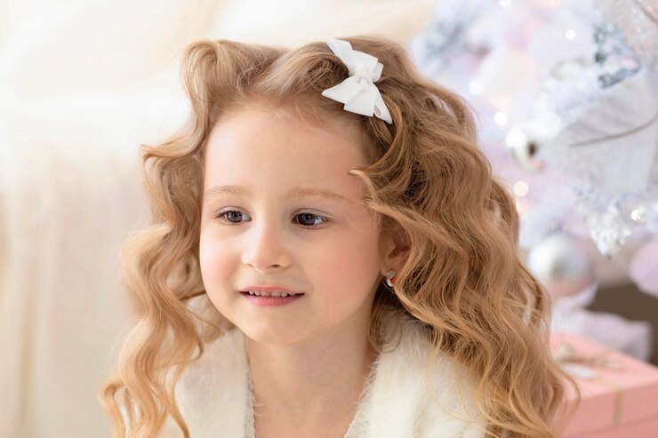 Little toddler pensive blonde girl near christmas tree on new year