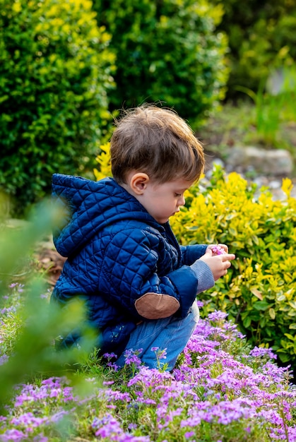 Маленький малыш играет с цветами в саду