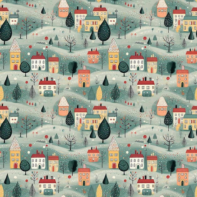 little town naive art Seamless pattern