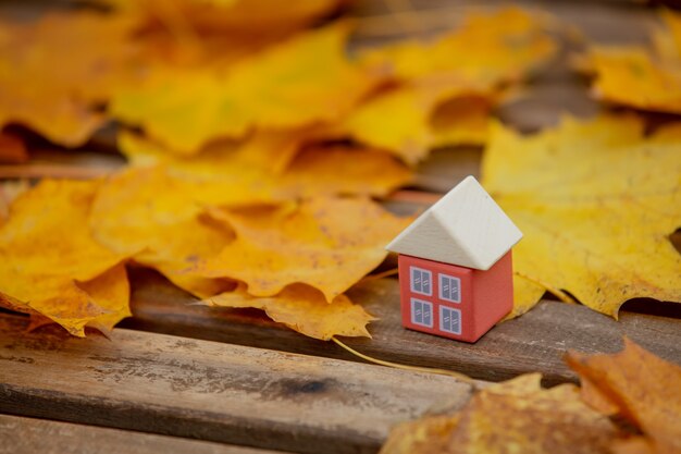 Little toy house next to autumn leaves on a table