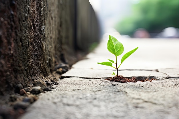 Little tree plant emerging from a crack in a concrete sidewalk